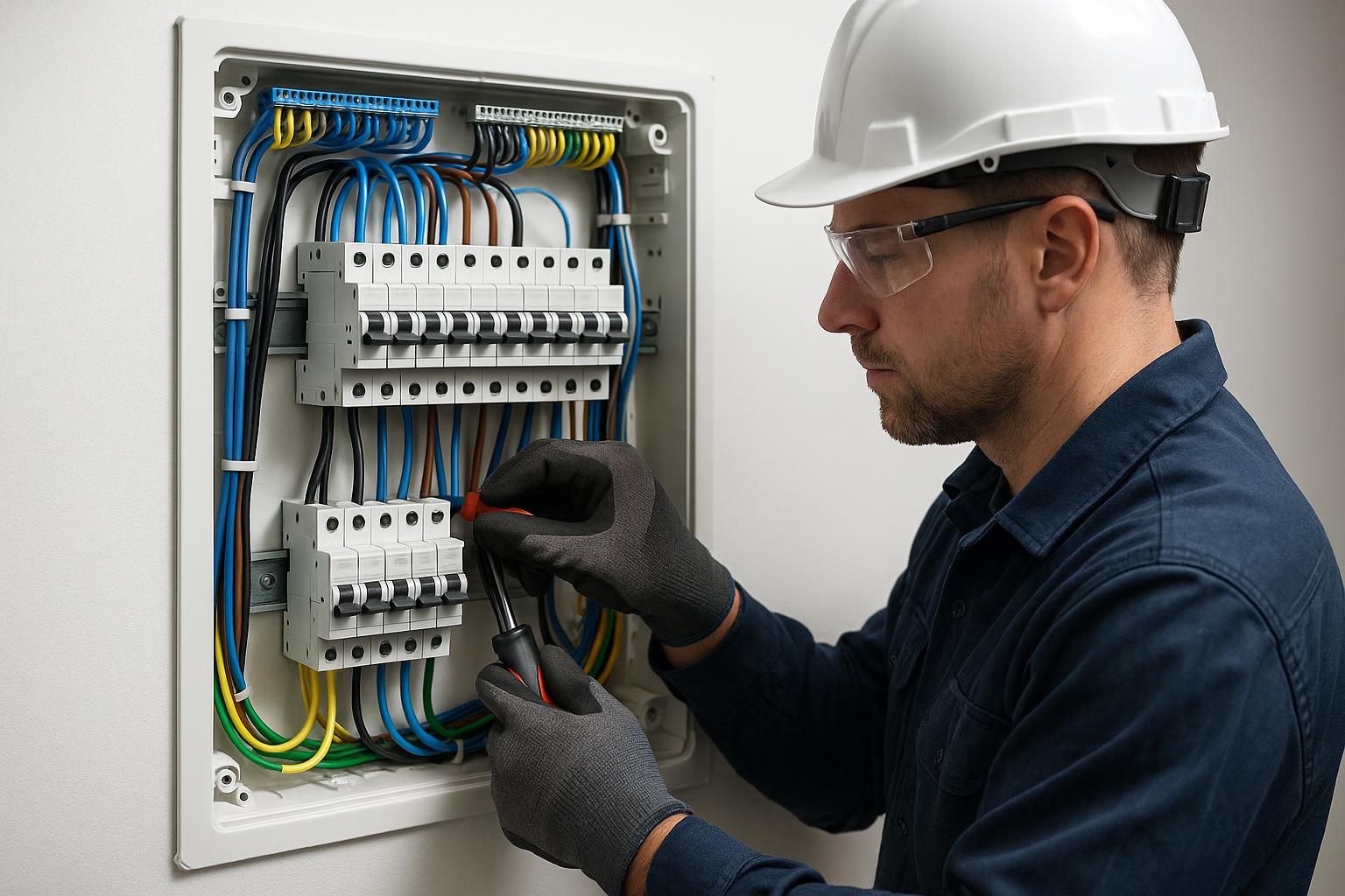Licensed electrician installing commercial electrical panel and solar backup power systems
